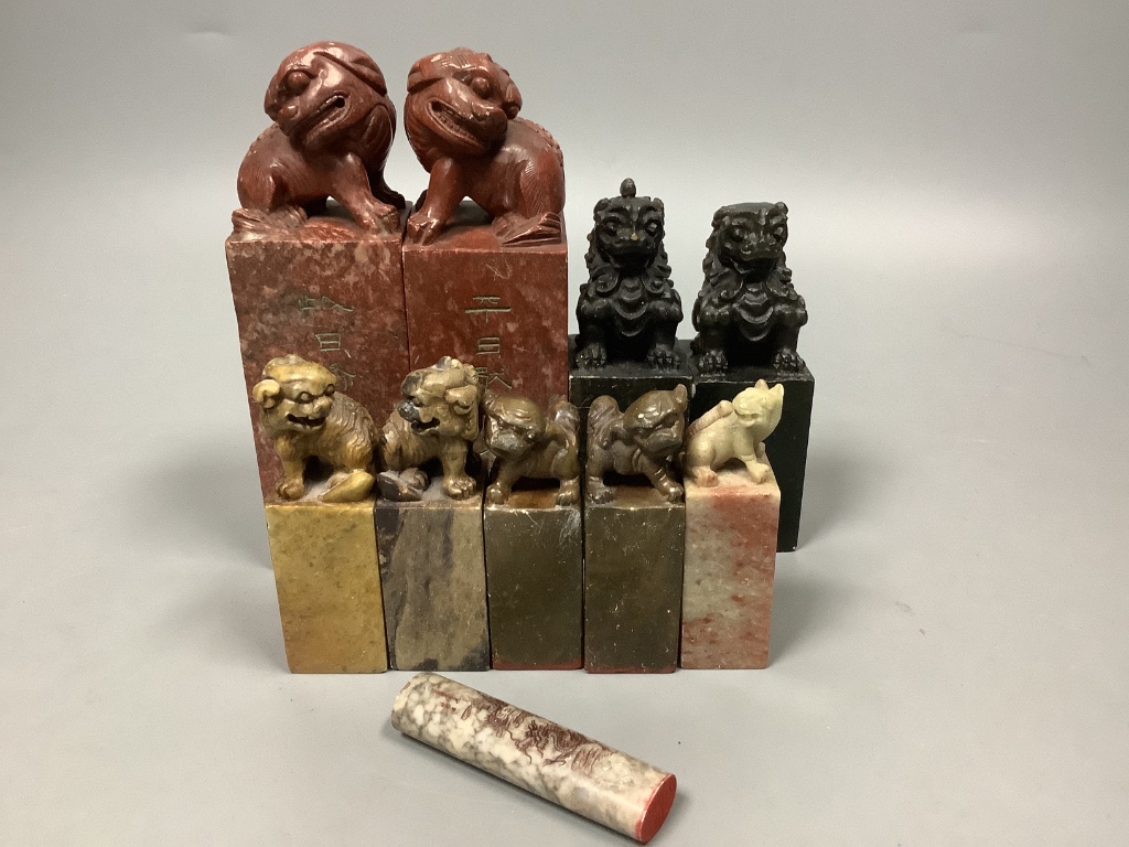 A pair of Chinese ‘chicken’s blood’ soapstone seals and eight other soapstone seals, tallest 13cm, Provenance: Henri Ely Thence to his son General Paul Ely